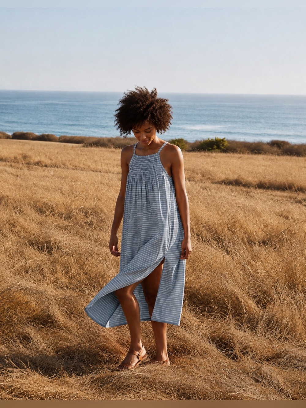 Christy Dawn The Lily Dress Midi Blue White Striped Linen Blend NEW
